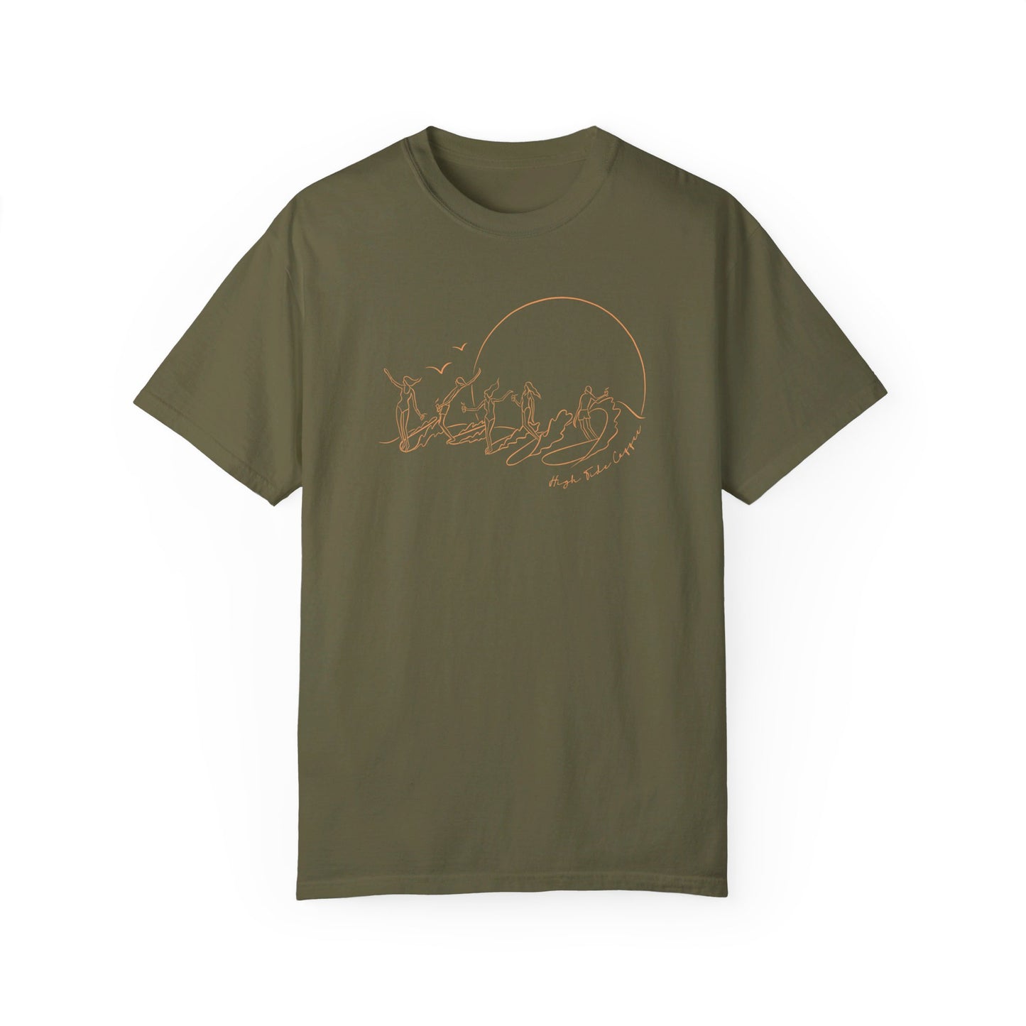 Army Green Tee Shirt with five surfers on one wave