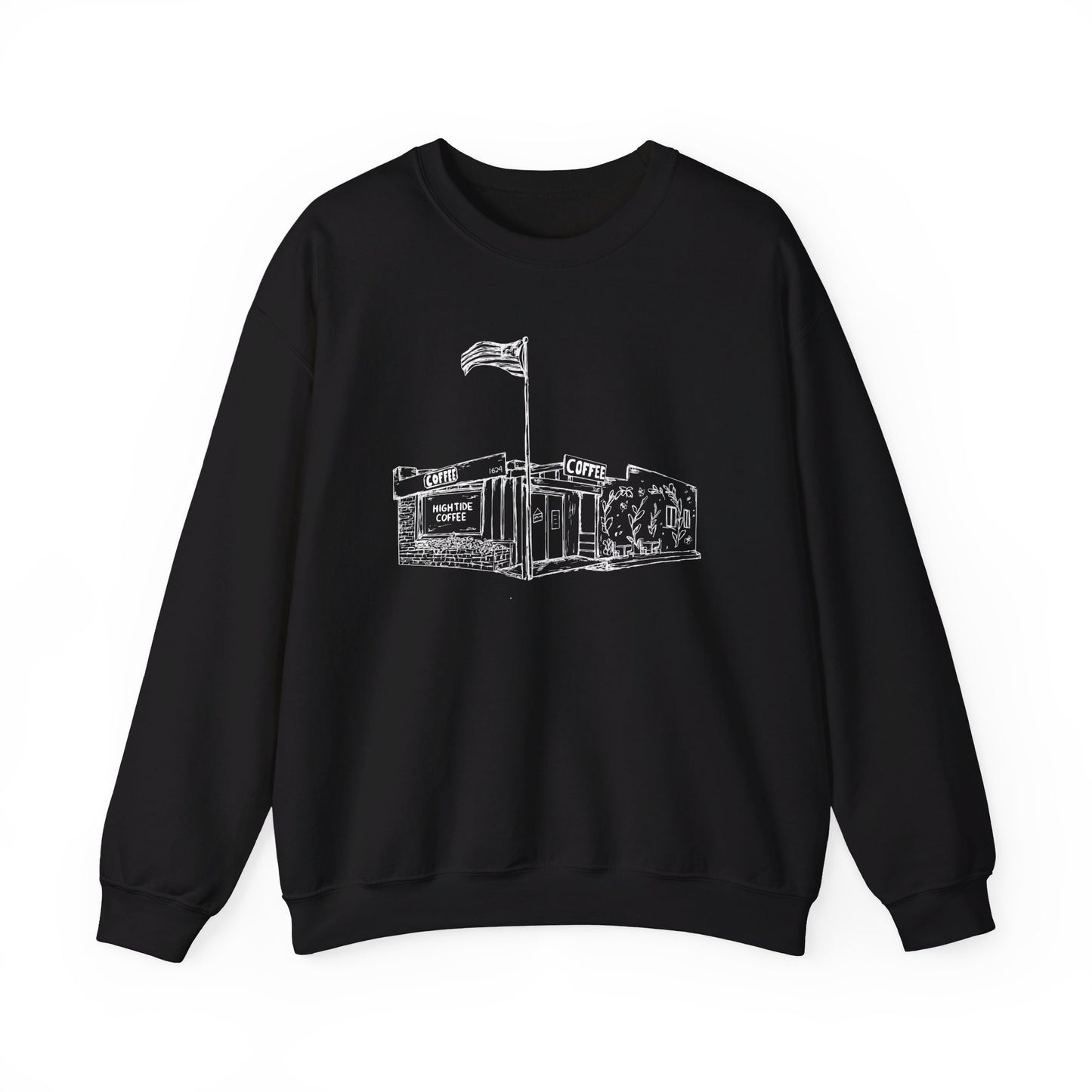 black sweatshirt with picture of a coffee shop on it