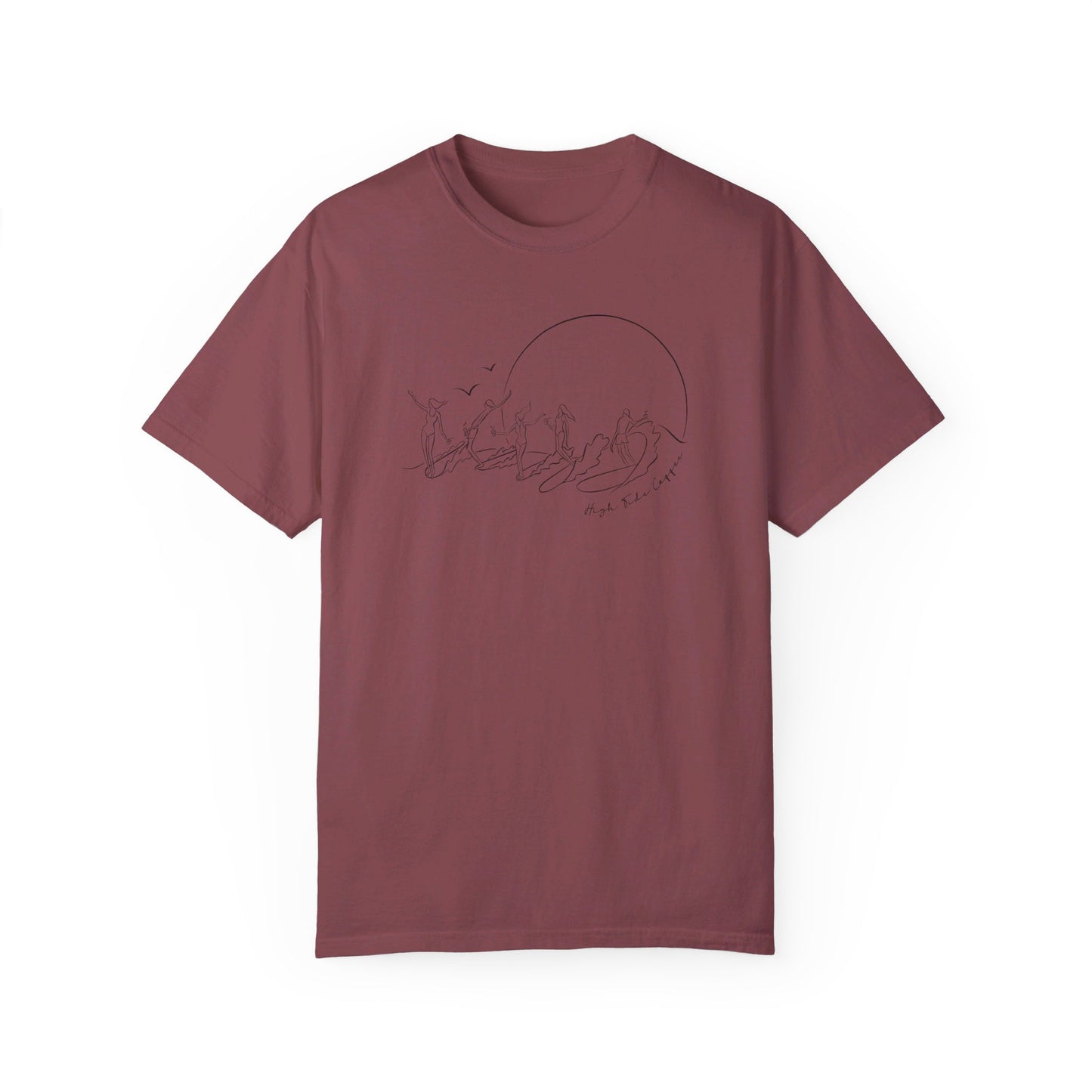Burgundy Tee Shirt with five surfers on one wave