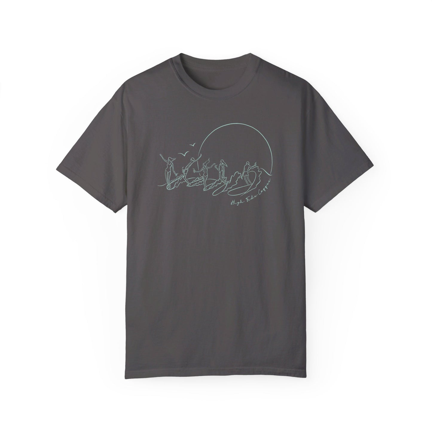 Dark Gray Tee Shirt with five surfers on one wave