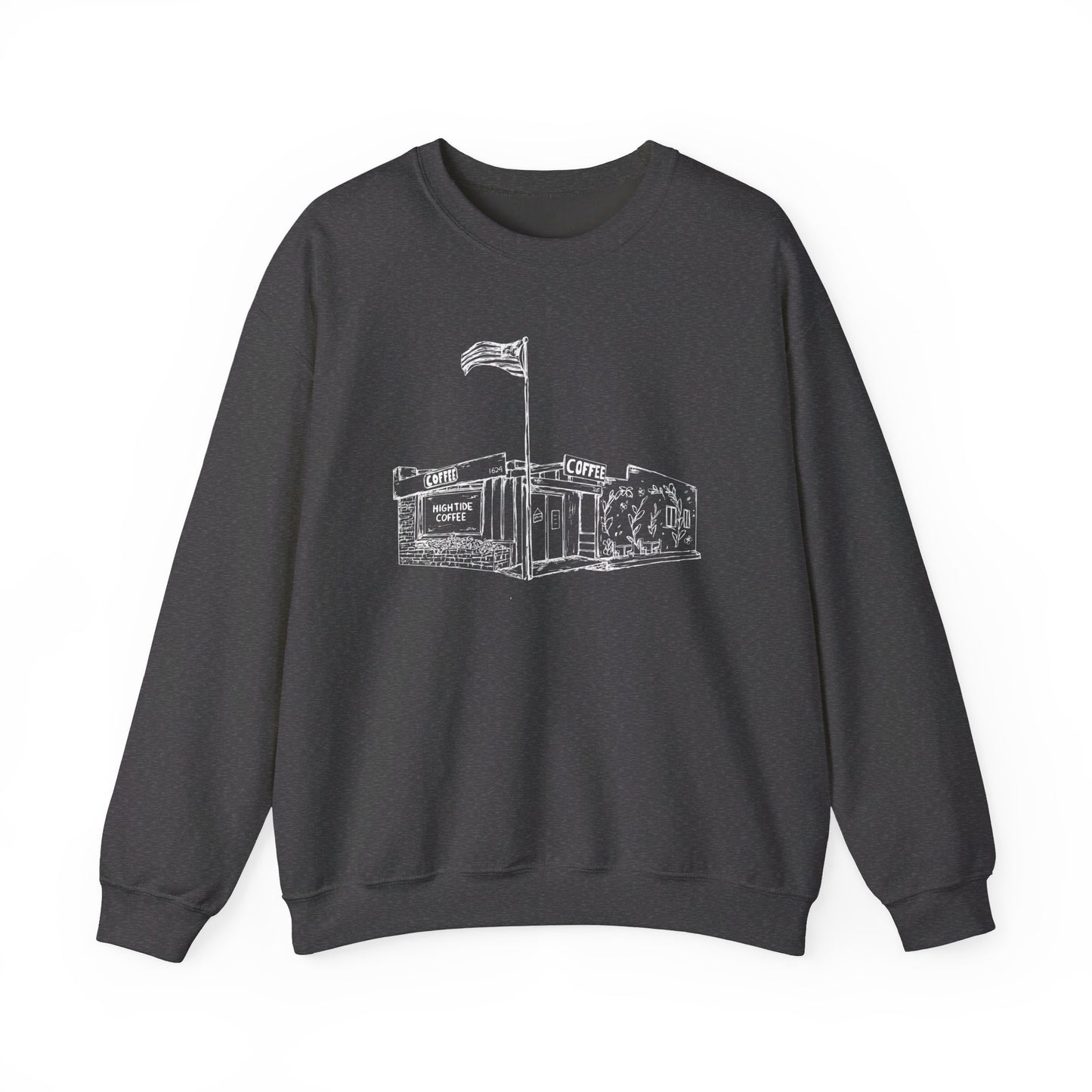 Dark Gray sweatshirt with a picture of a coffee shop on it