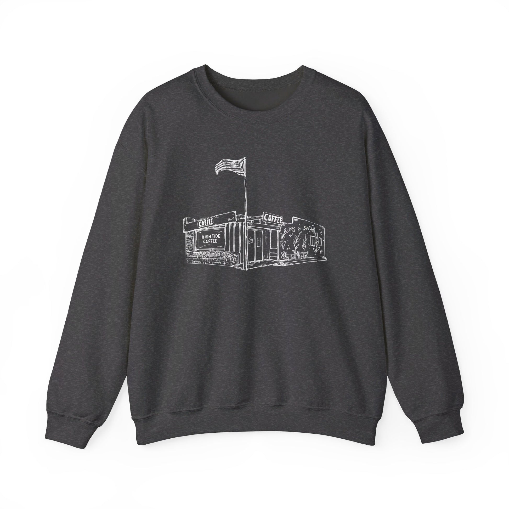 Dark Gray sweatshirt with a picture of a coffee shop on it