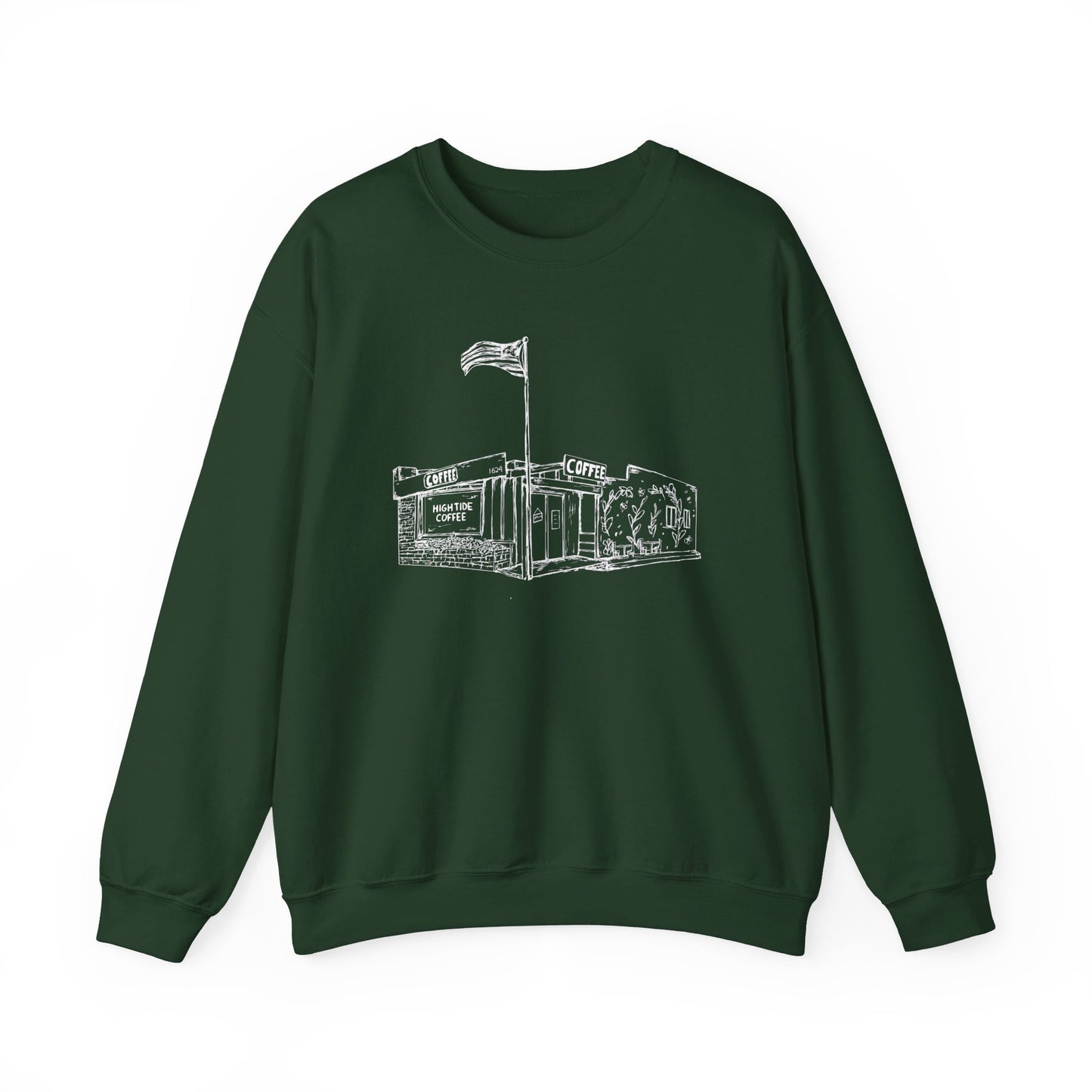 dark green sweatshirt with picture of a coffee shop on it