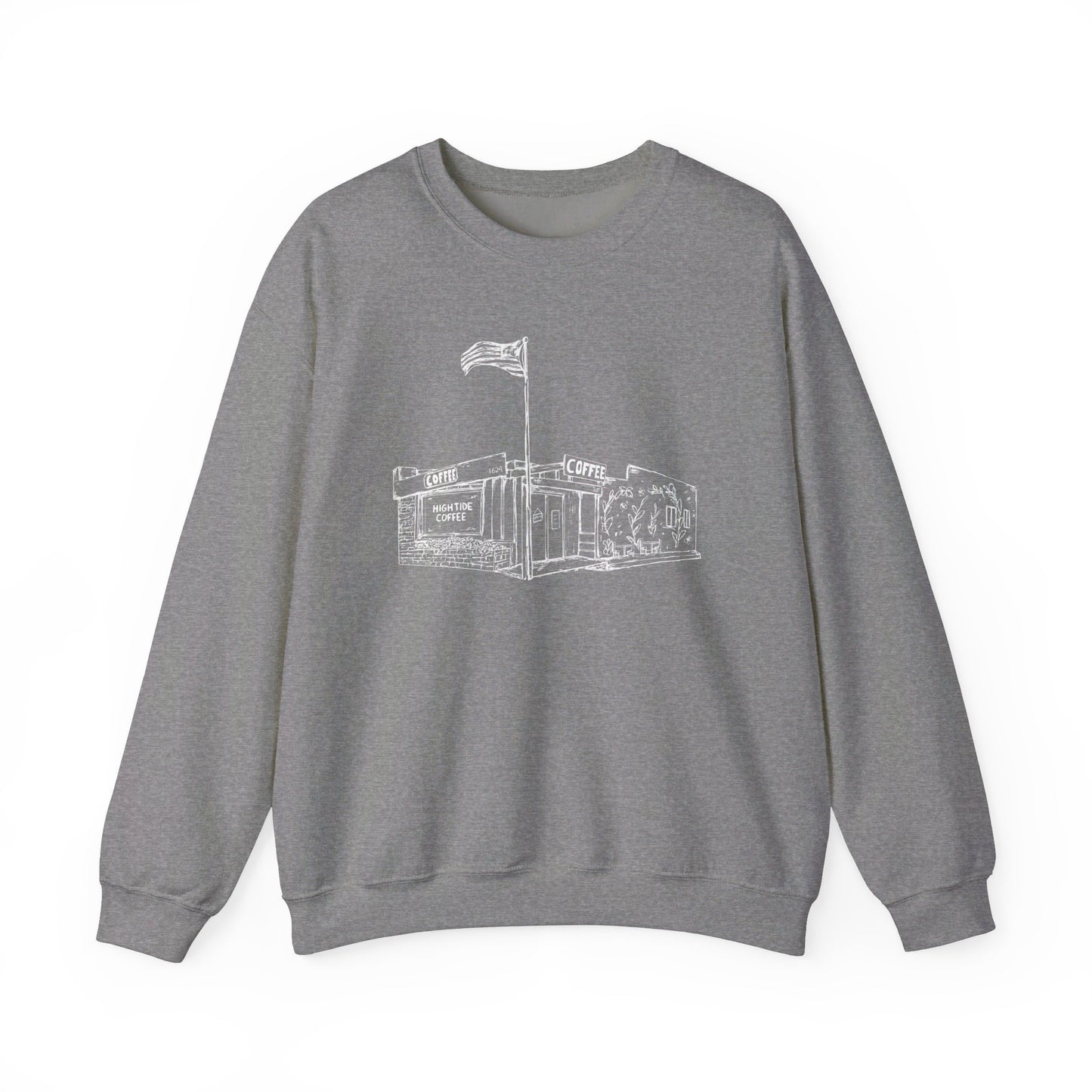heather gray sweatshirt with picture of a coffee shop on it