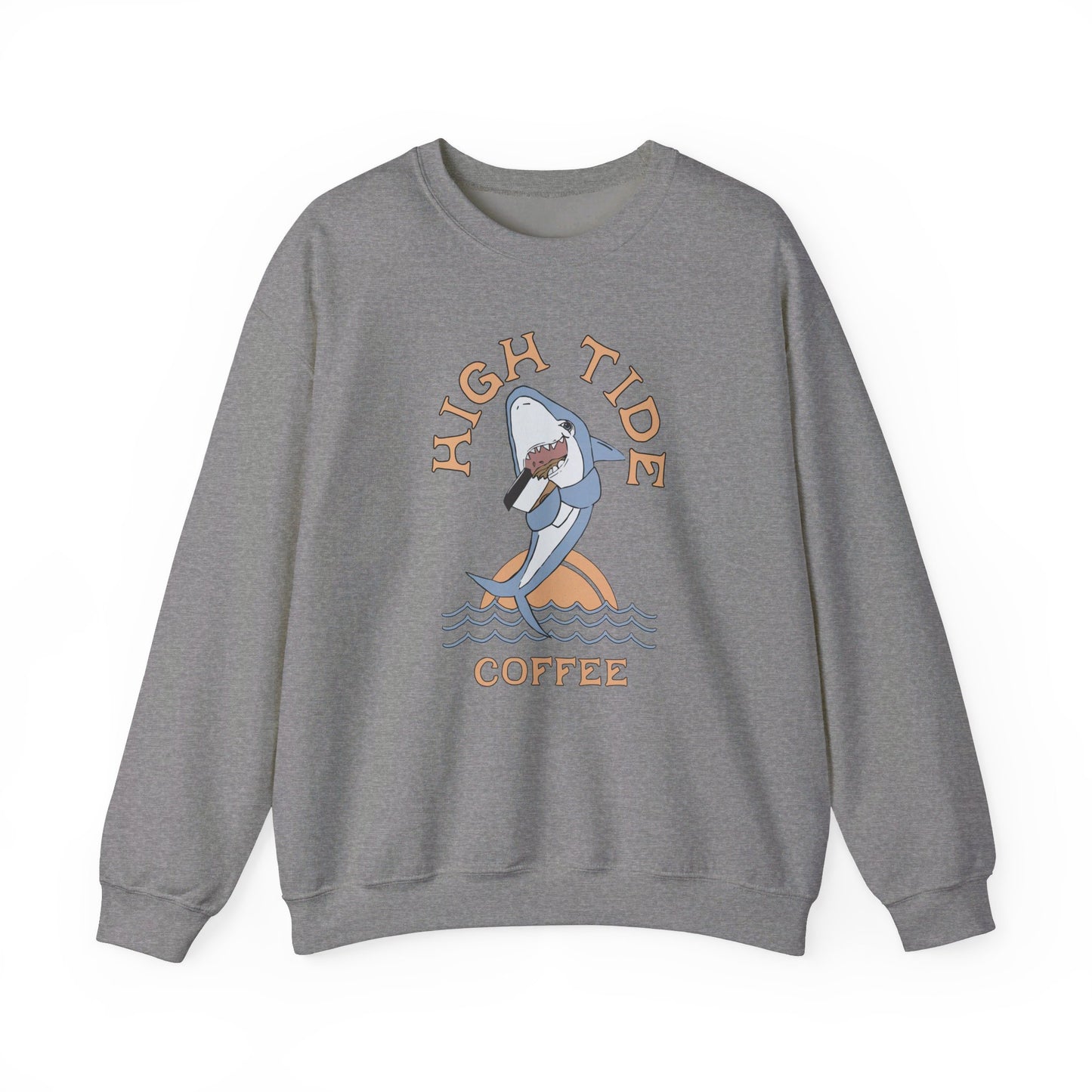 heather gray sweatshirt with a shark drinking coffee