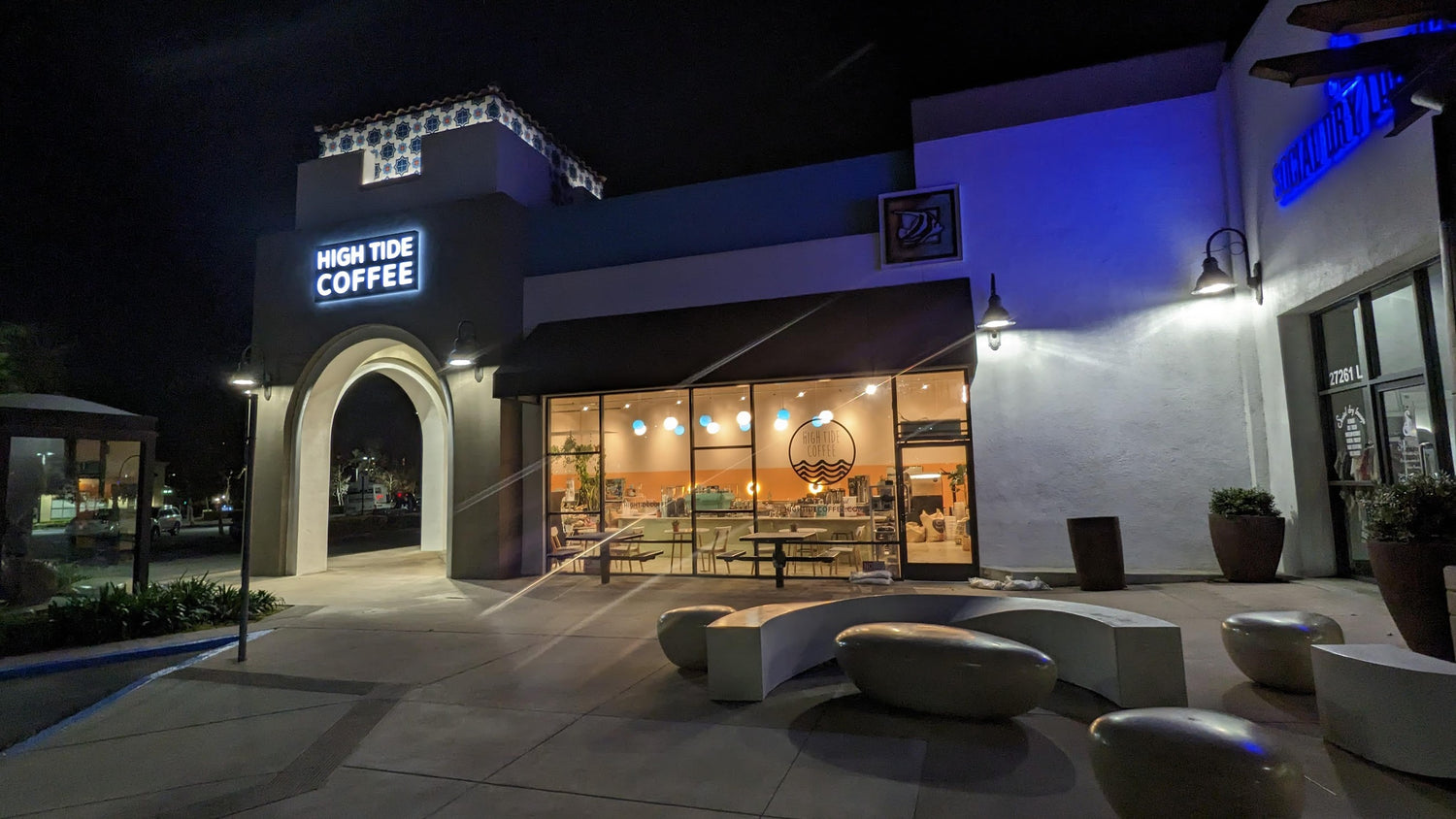 Night Shot of front of High Tide Coffee in Laguna Niguel