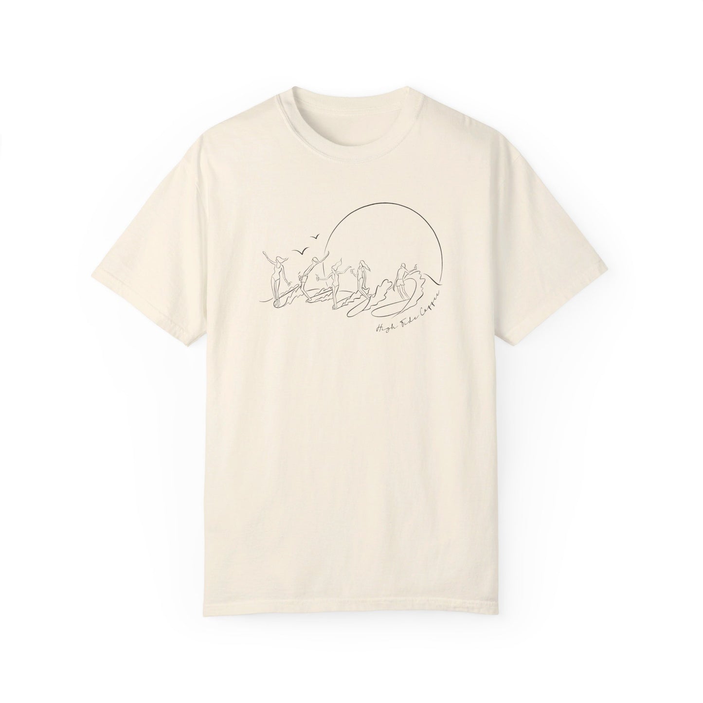 Ivory Tee Shirt with five surfers on one wave