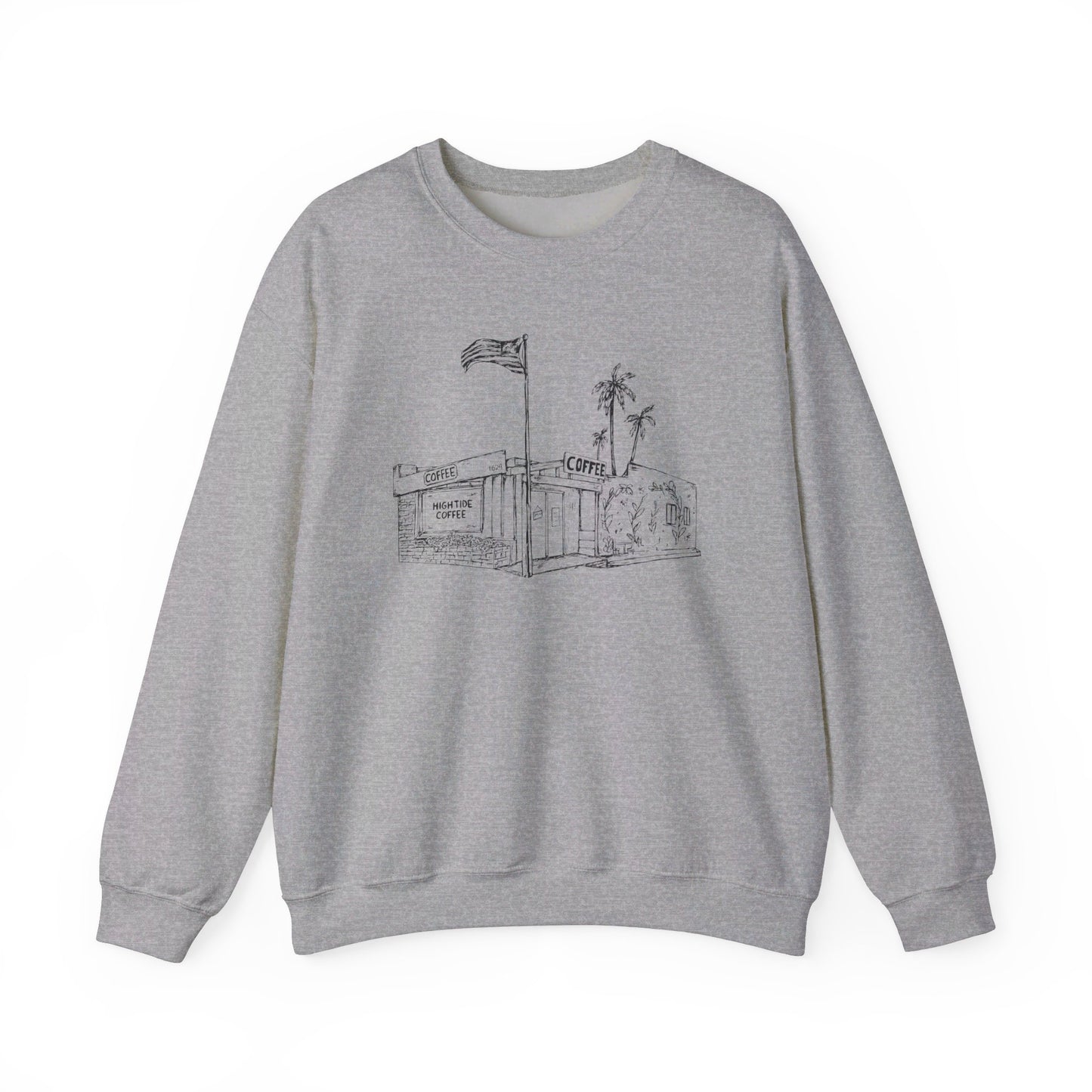 light gray sweatshirt with picture of a coffee shop on it