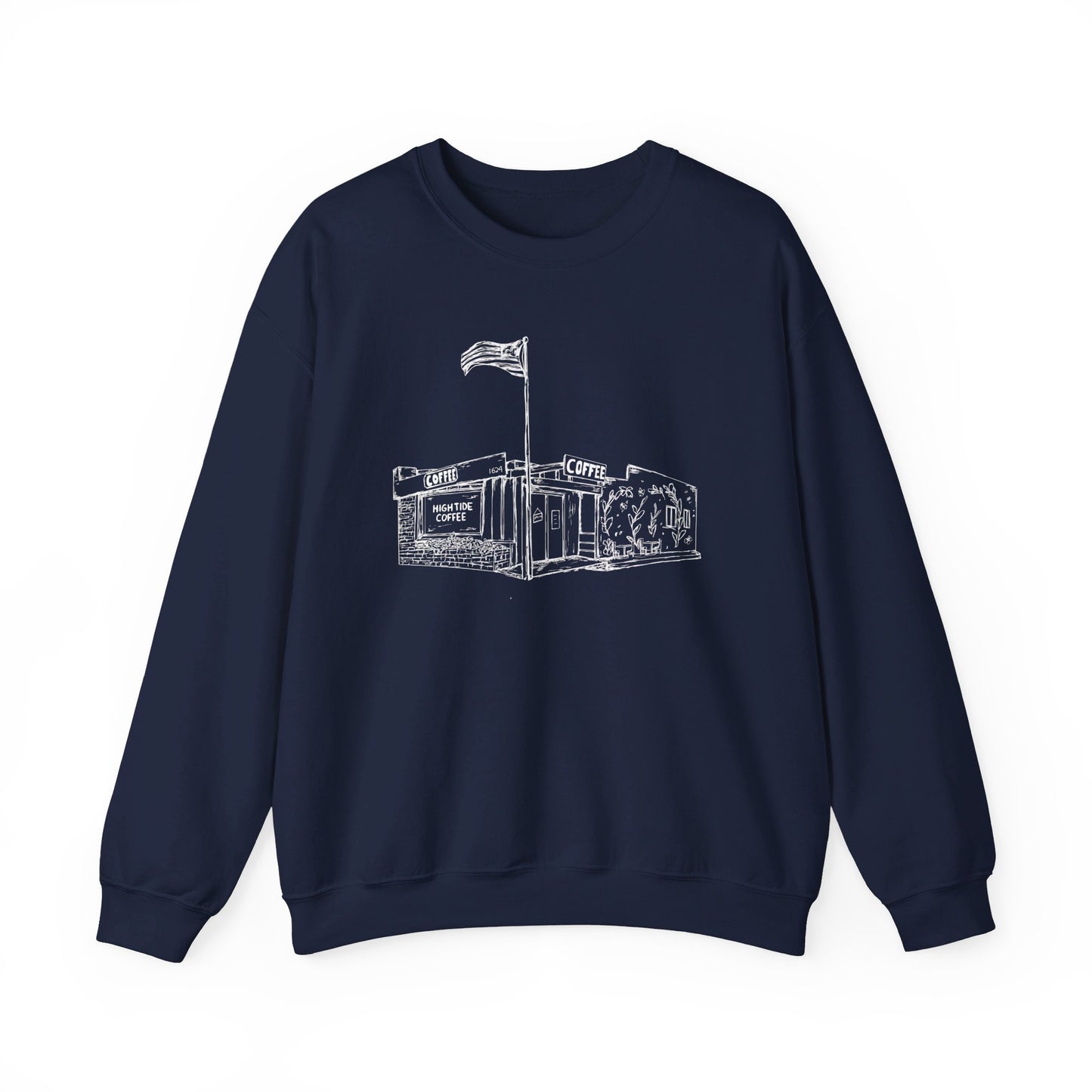 navy blue sweatshirt with picture of a coffee shop on it