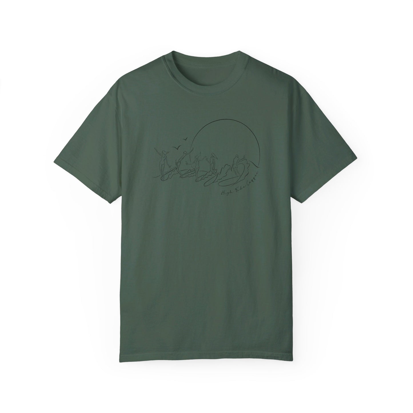 Olive Green Tee Shirt with five surfers on one wave