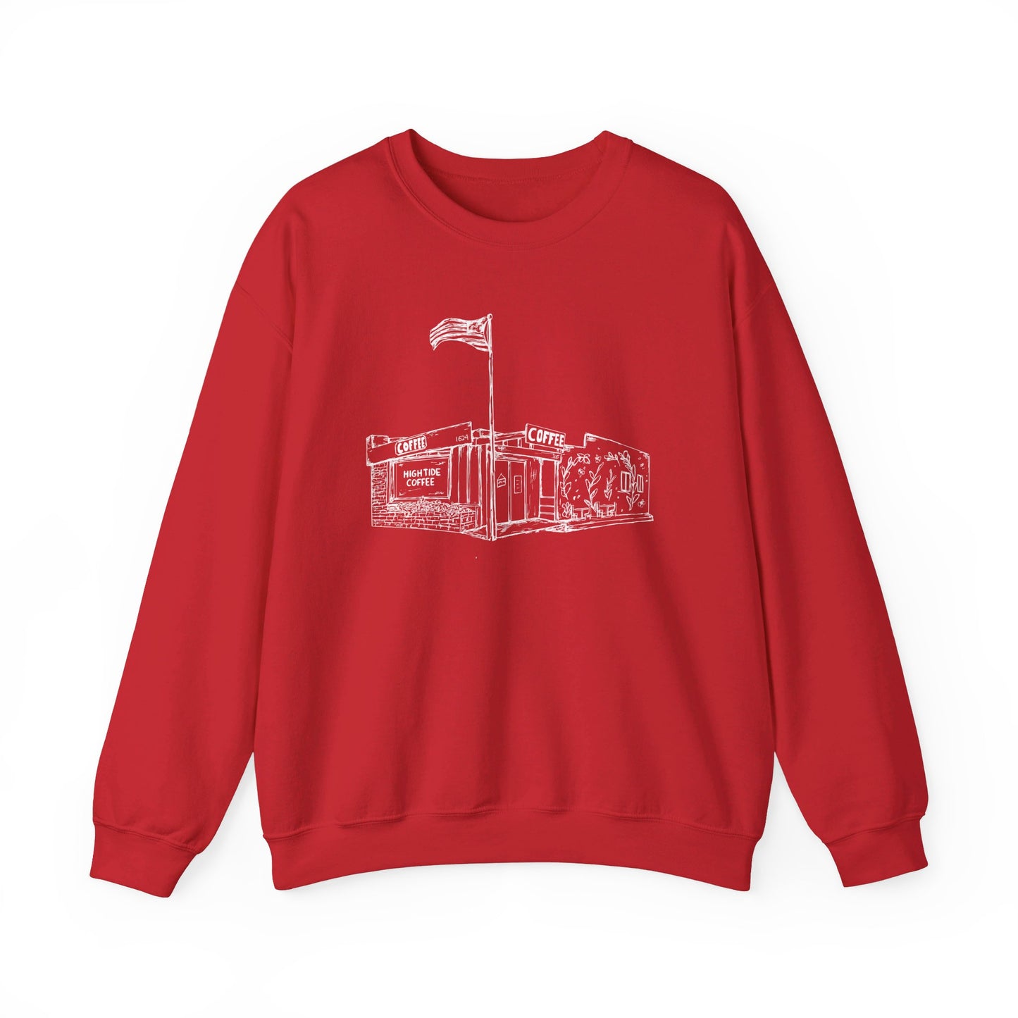 Red sweatshirt with picture of a coffee shop on it