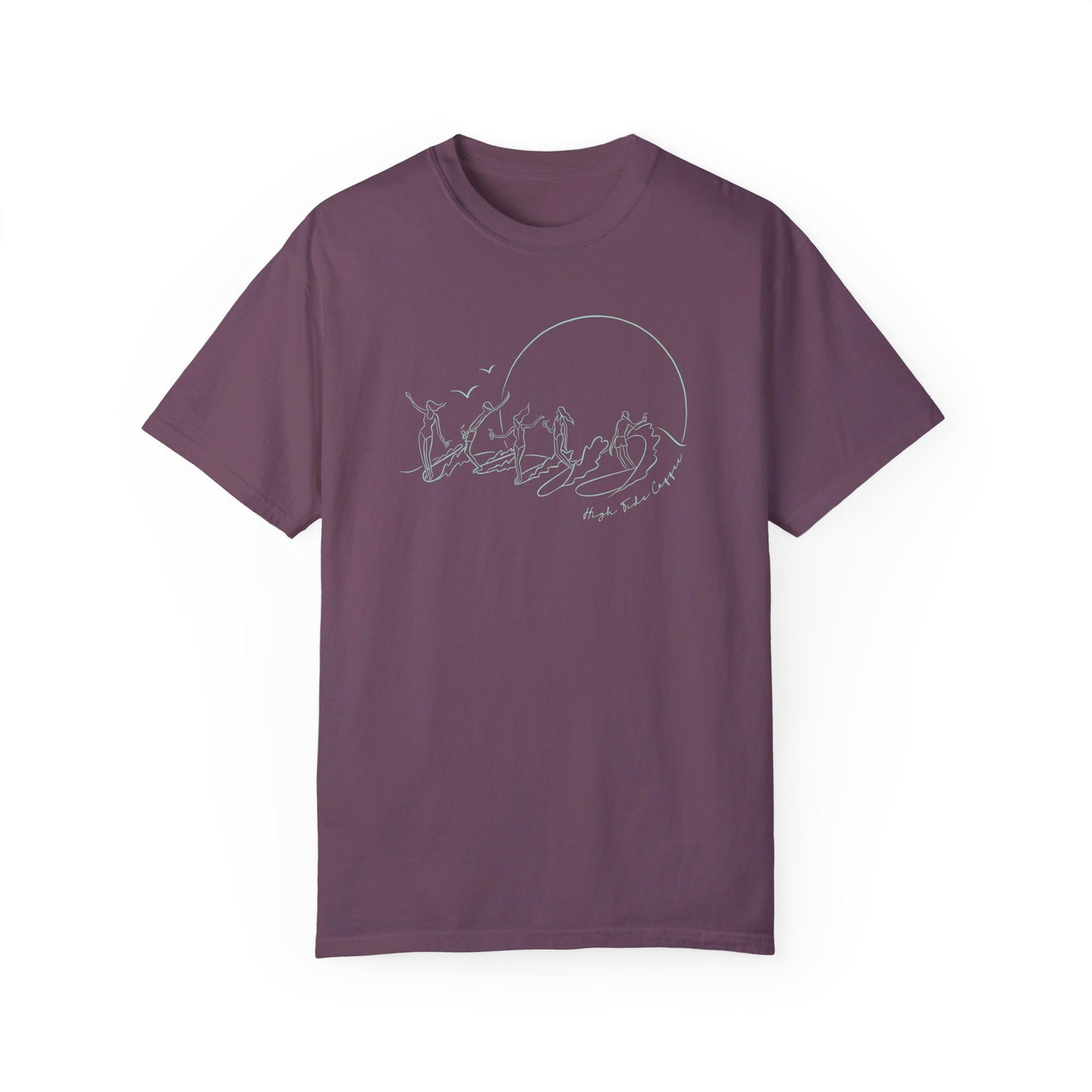 Red Wine Tee Shirt with five surfers on one wave