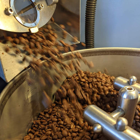 Fresh roasted coffee beans pouring out of a coffee roasting machine