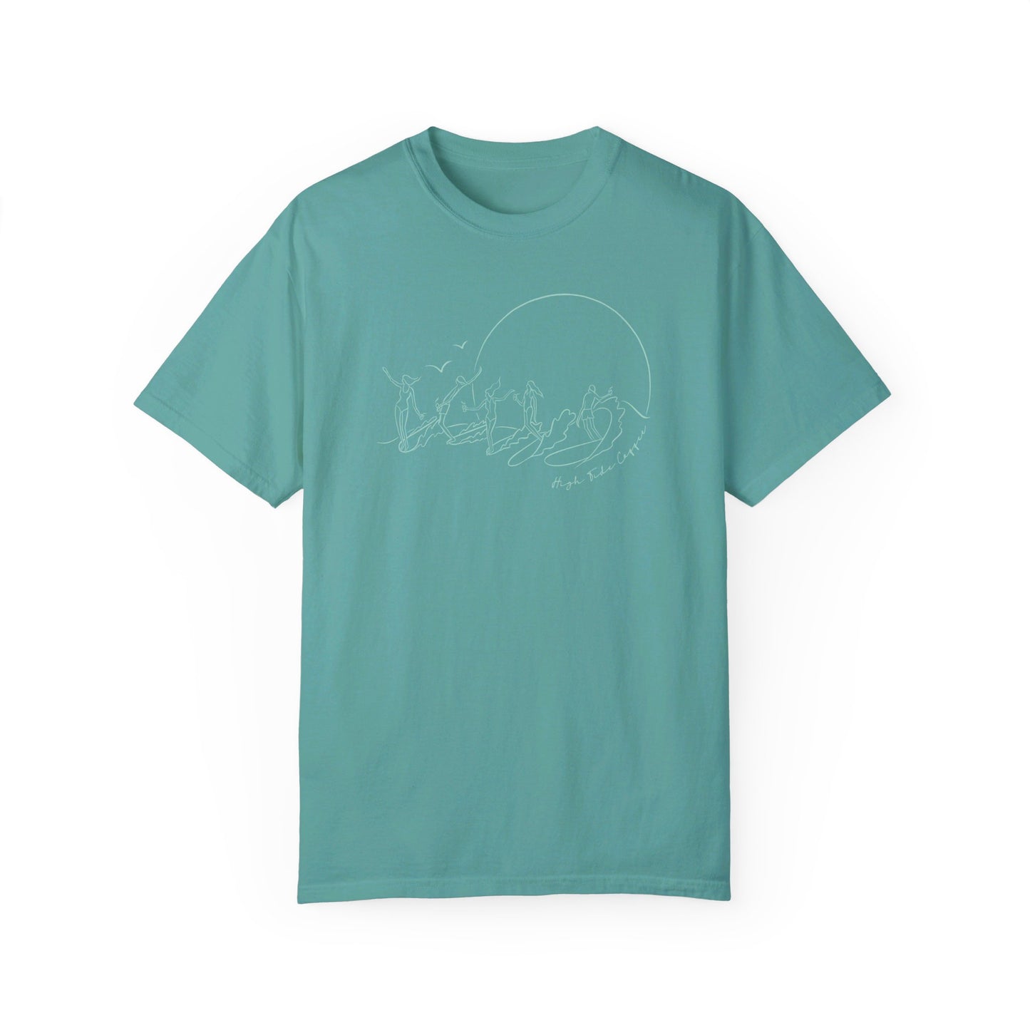 Teal Tee Shirt with five surfers on one wave