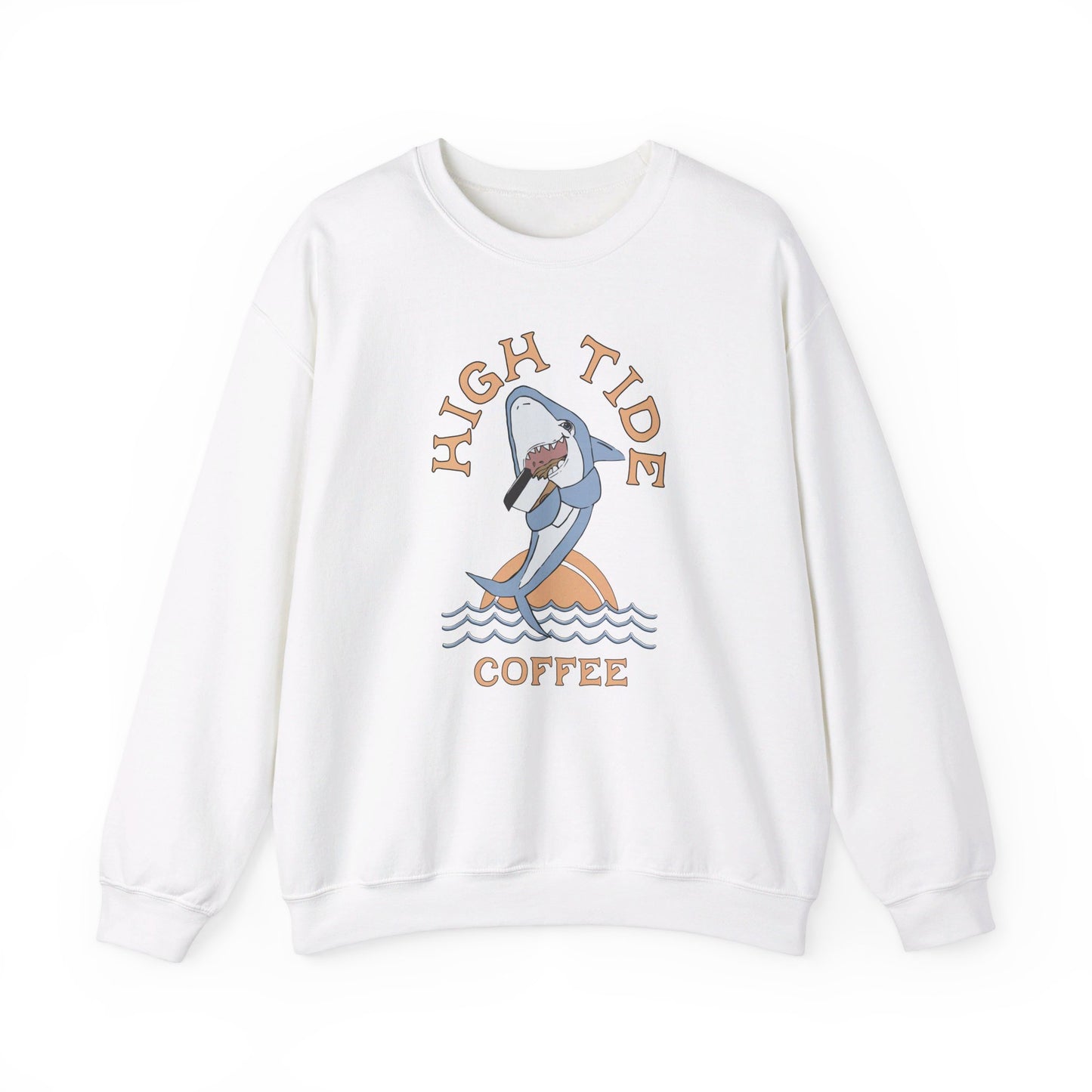White Sweatshirt with a shark drinking coffee