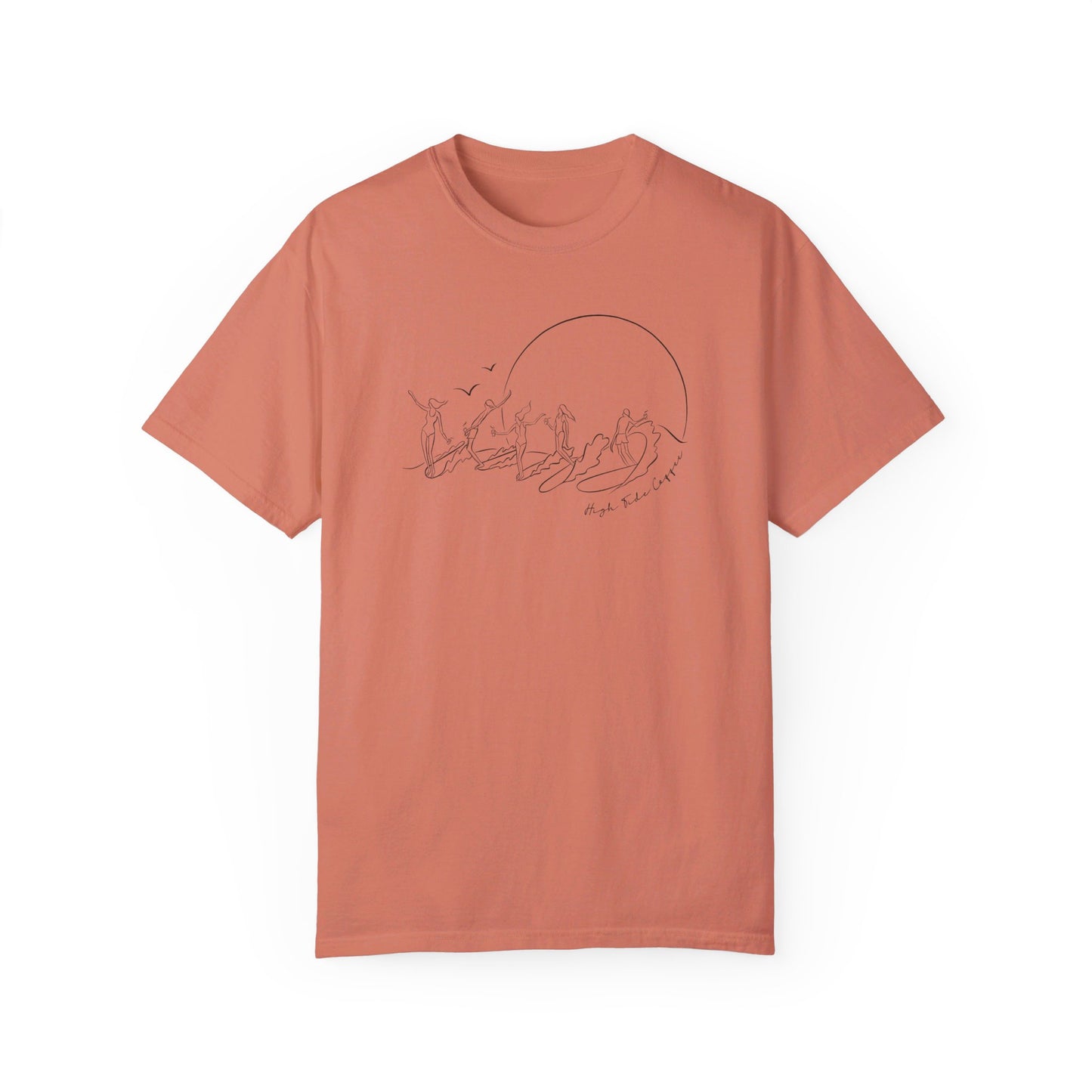 Faded Orange Tee Shirt with five surfers on one wave