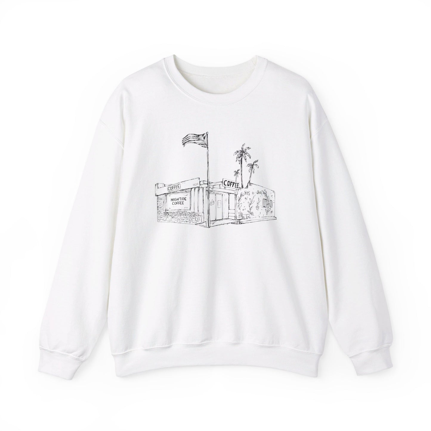 white sweatshirt with picture of a coffee shop on it
