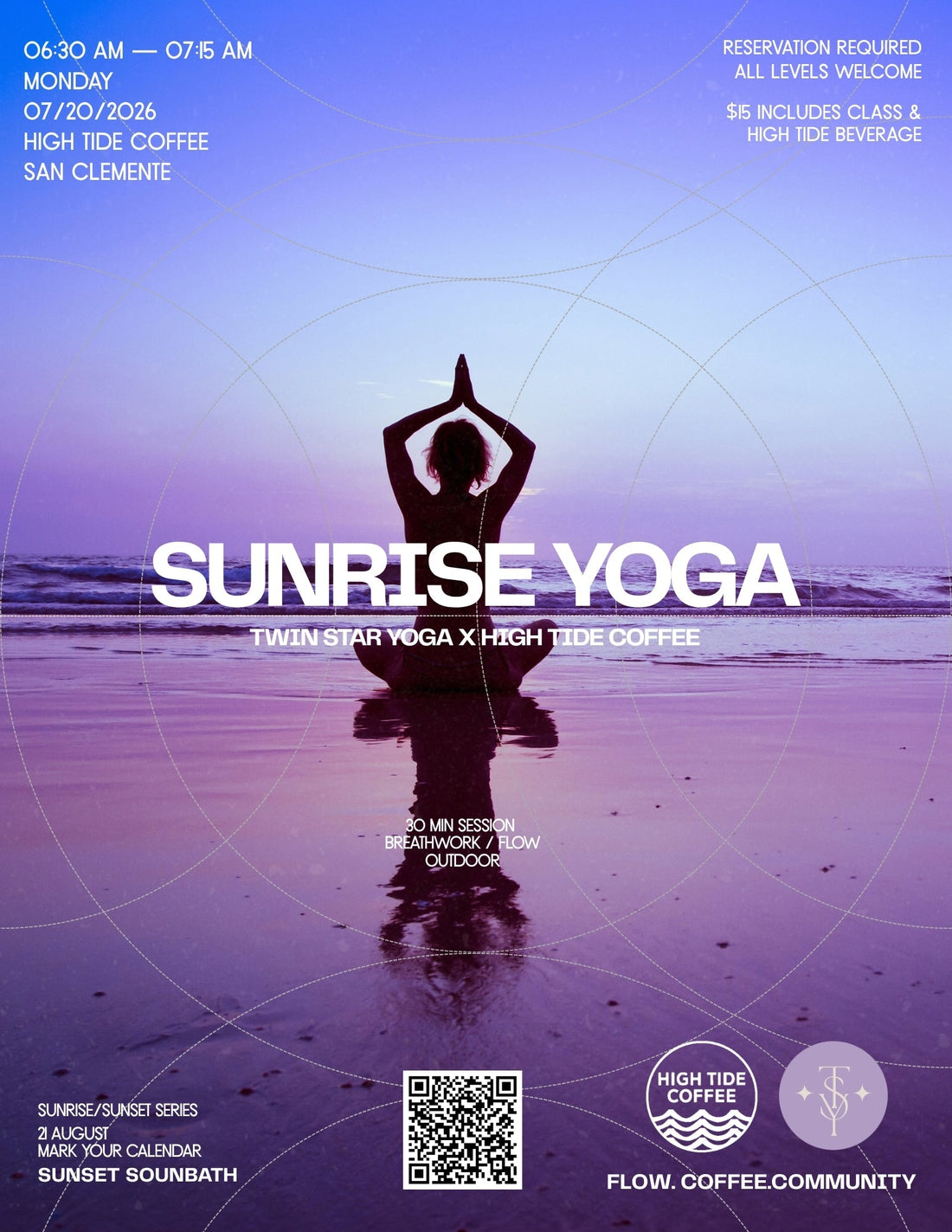 Sunrise Yoga with Twin Star Yoga and High Tide Coffee on July 20, 2026, at San Clemente Beach, featuring yoga by the ocean.