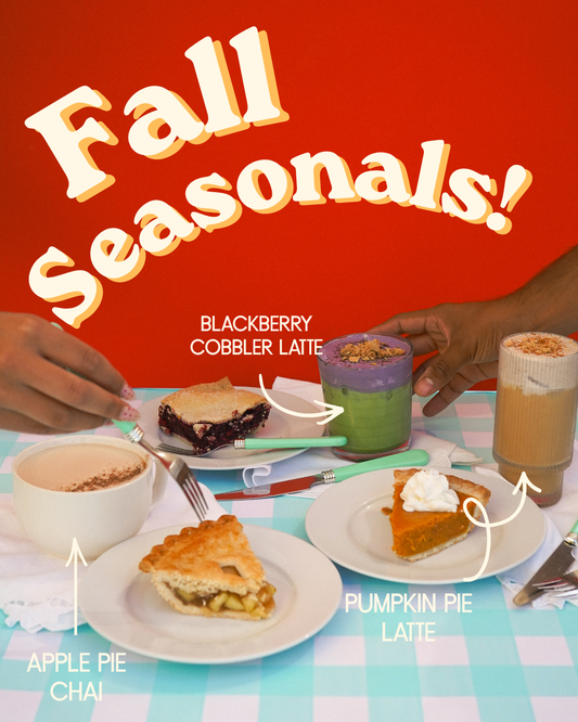 Fall seasonal offerings featuring Blackberry Cobbler Latte, Pumpkin Pie Latte, Apple Pie Chai, and assorted pies on a café table.
