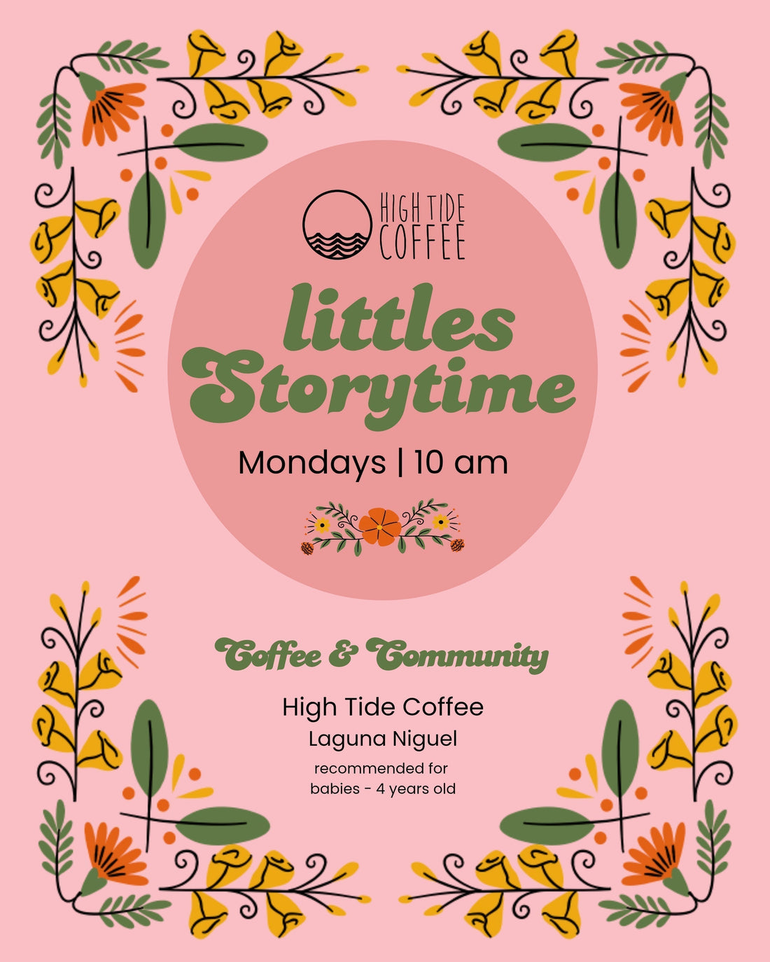 High Tide Coffee Weekly Little Storytime, Monday 10 AM, for children ages 0–4, with reading, play kitchen activities, and parents enjoying coffee in Laguna Niguel.