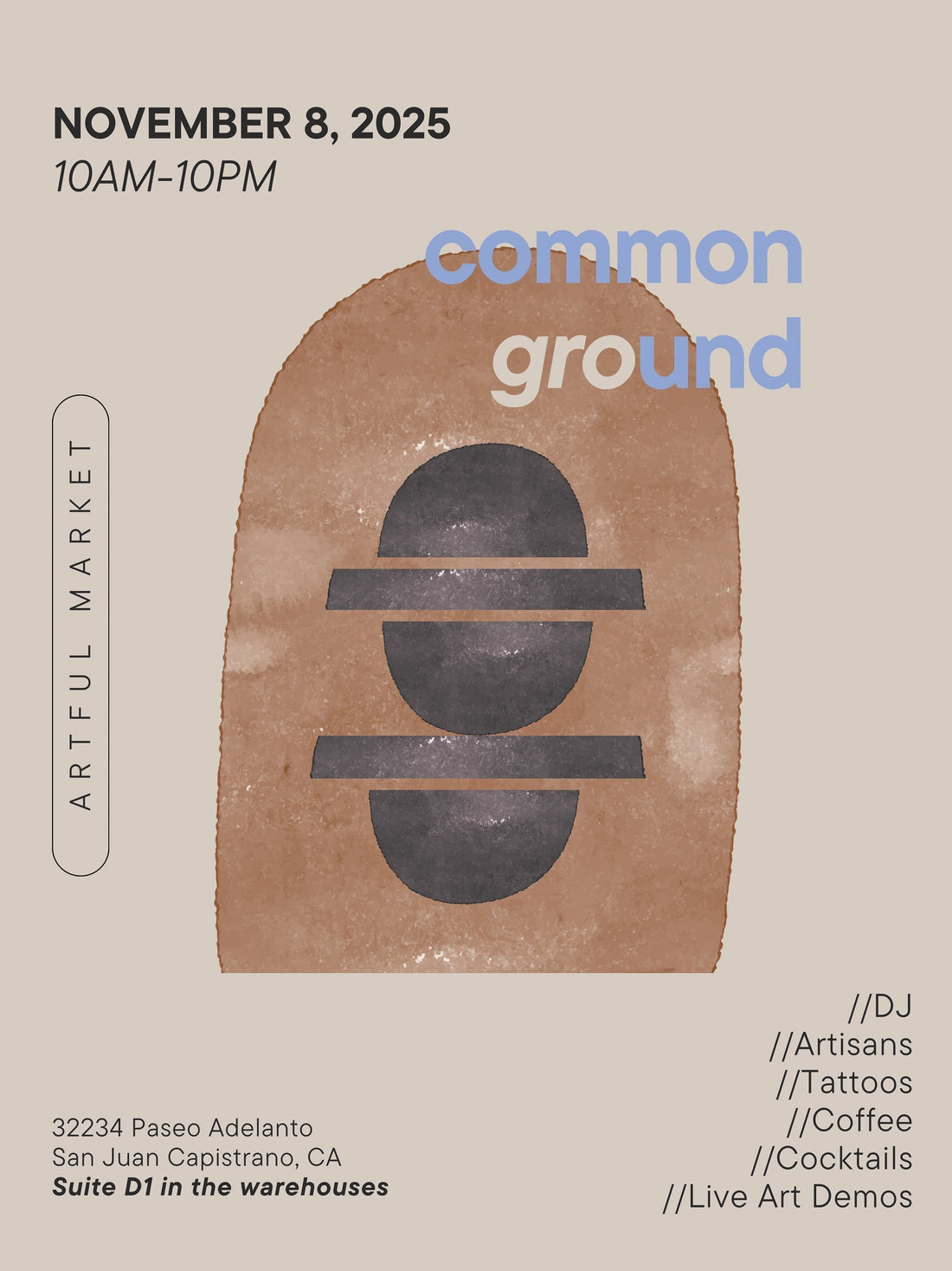 Common Ground art market in San Juan Capistrano on Nov 8, 2025, featuring local art, music, coffee, and live demos.
