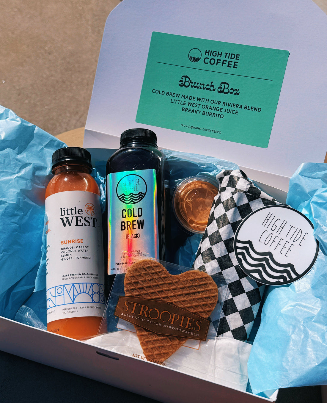 High Tide Coffee Brunch Box with fresh pastries, savory bites, and beverages, ready for catering in San Clemente, Laguna Niguel, or Oceanside.