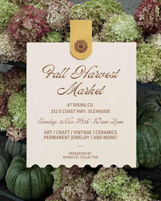 Fall Harvest Market at Rising Co. in Oceanside, California on Sunday, November 16, 2025, from 10 AM to 2 PM, featuring local art, handmade crafts, ceramics, vintage treasures, and coastal fall vibes near High Tide Coffee.