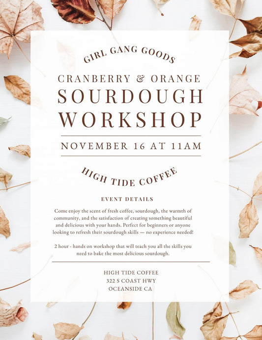 High Tide Coffee’s Cranberry Orange Sourdough Workshop in Oceanside on November 16, 2025, showing hands-on baking, coffee, and festive holiday details.