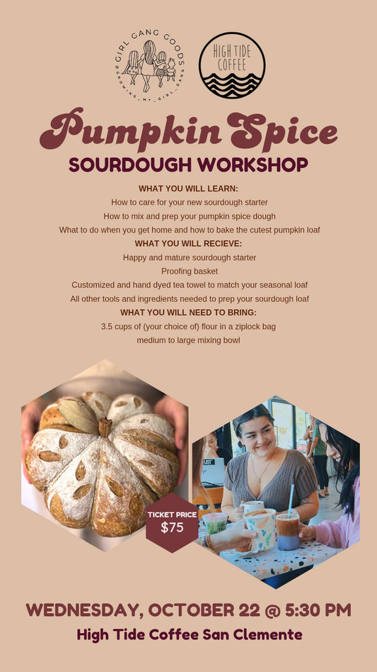 Pumpkin Spice Sourdough Workshop at High Tide Coffee San Clemente on Oct 22, 2025—cozy fall baking class with coffee and seasonal treats.