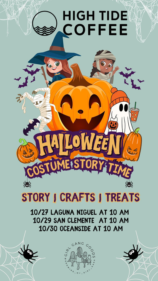High Tide Coffee’s Halloween events: Black Salty Witch Latte available through Halloween and Costume Storytime mornings in Laguna Niguel (Oct 27), San Clemente (Oct 29), and Oceanside (Oct 30) at 10 a.m.