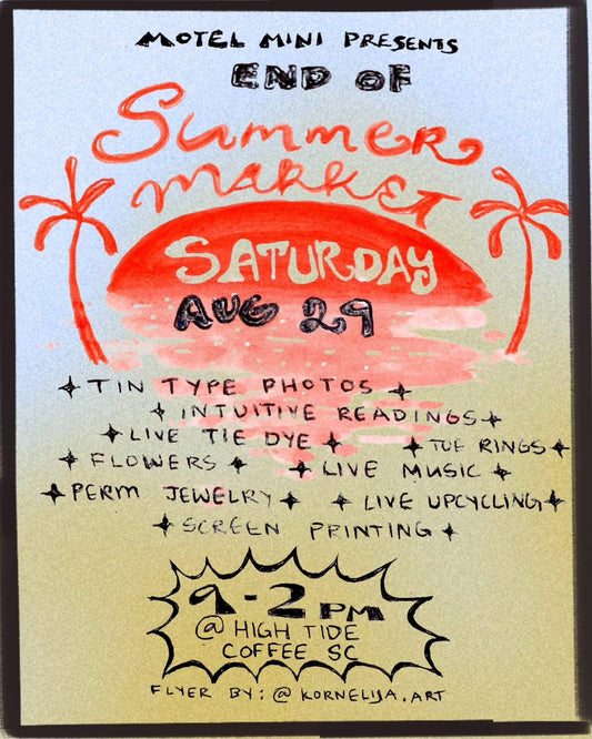 Illustrated flyer promoting the Motel Mini End of Summer Market at High Tide Coffee in San Clemente on Aug. 29 from 9 AM–2 PM.