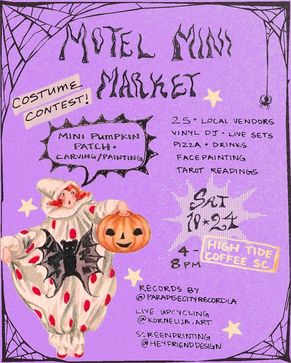 Halloween-themed Motel Mini Market flyer with costume contest, vendors, live music, pumpkin activities, food, drinks, and tarot readings.