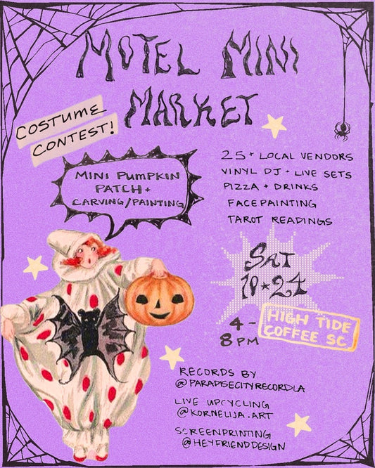 Halloween-themed Motel Mini Market flyer with costume contest, vendors, live music, pumpkin activities, food, drinks, and tarot readings.