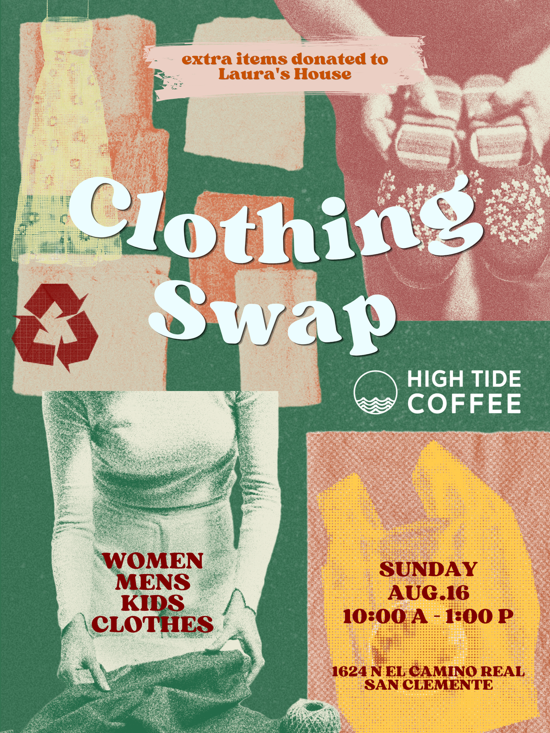 High Tide Coffee Clothing Swap poster featuring clothing, recycling symbol, and event details for Sunday, Aug. 16, in San Clemente.