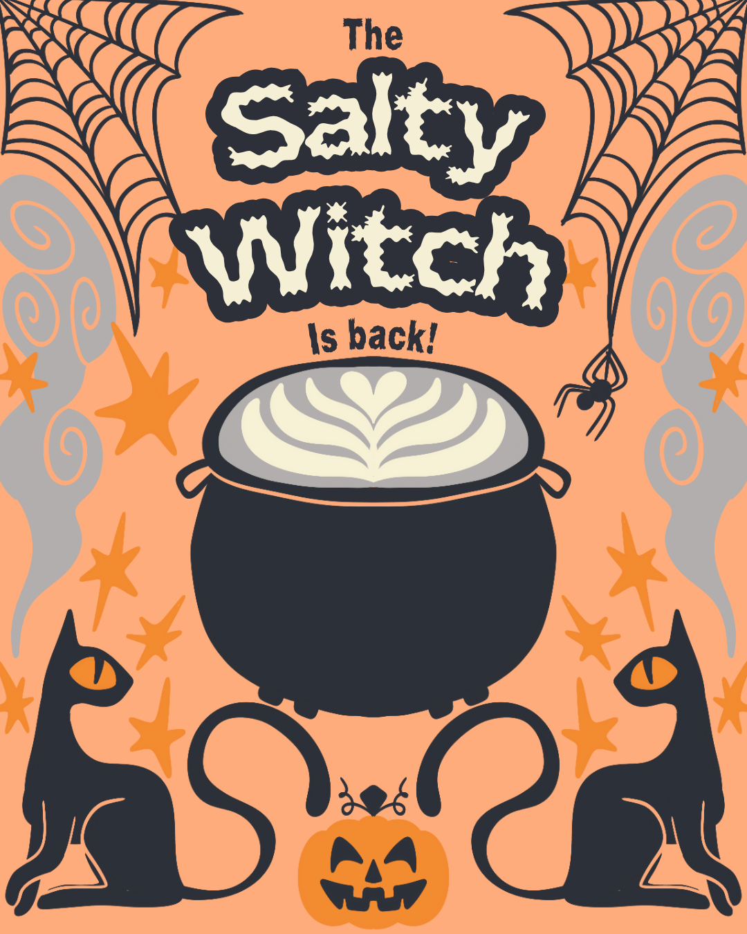 Halloween graphic reading “The Salty Witch Is back!” with a bubbling cauldron, two black cats, spiderwebs, and a pumpkin.