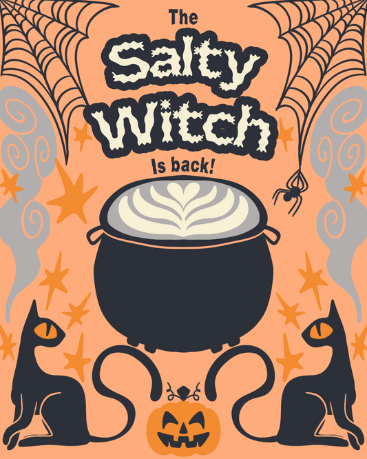 Halloween graphic reading “The Salty Witch Is back!” with a bubbling cauldron, two black cats, spiderwebs, and a pumpkin.