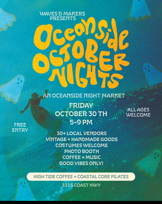 Oceanside October Nights market flyer featuring Halloween art, 30+ local vendors, coffee, music, and a free October 30 event.