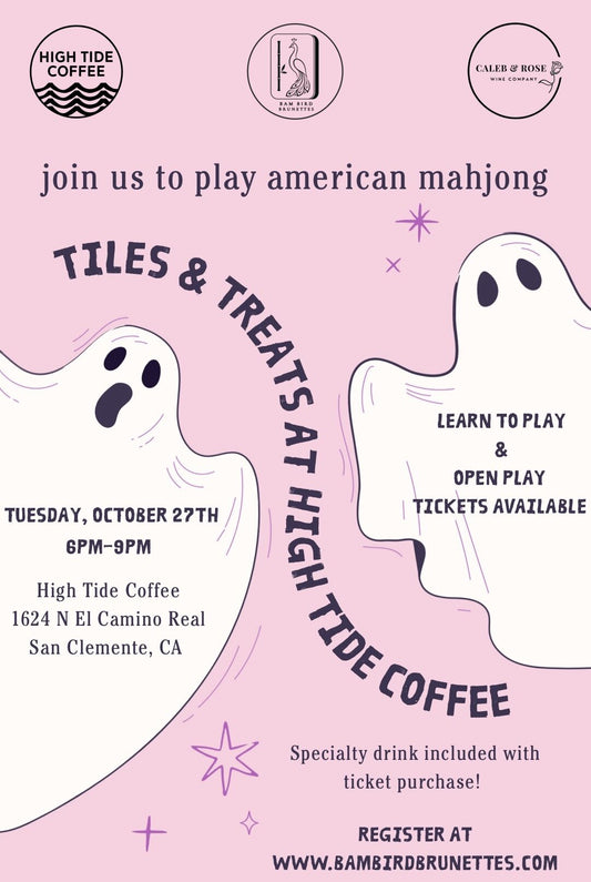 American Mahjong night at High Tide Coffee in San Clemente on October 27, with tiles, treats, open play, and specialty drinks.