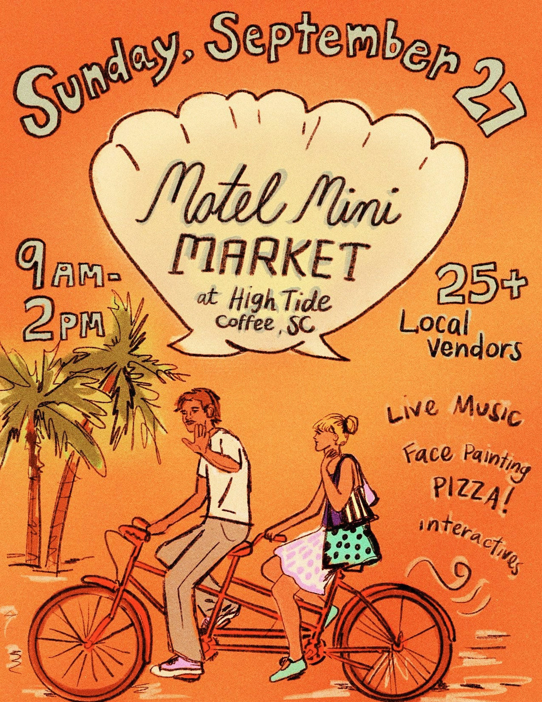 Illustrated Motel Mini Market flyer at High Tide Coffee, SC, on Sunday, September 27, 9 AM–2 PM, featuring local vendors and activities.