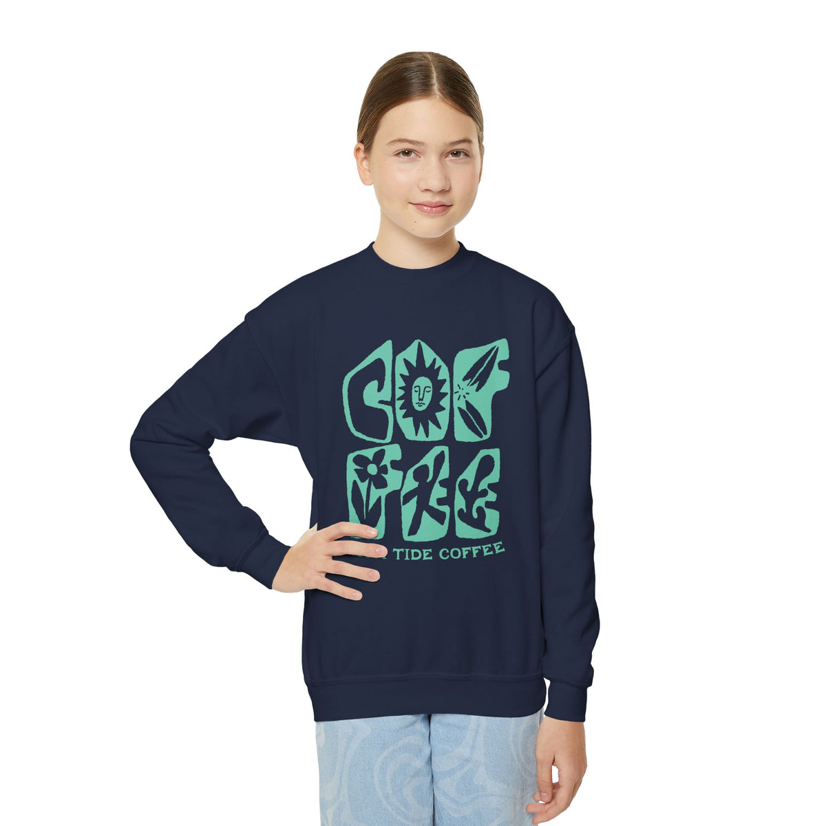 Youth Crewneck Sweatshirt – Good Vibes High Tide Coffee Beach Design