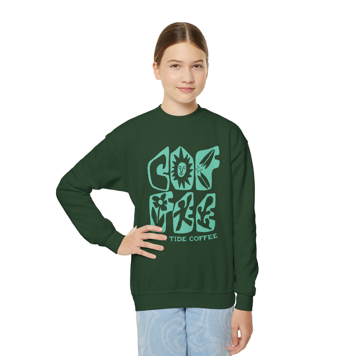 Youth Crewneck Sweatshirt – Good Vibes High Tide Coffee Beach Design