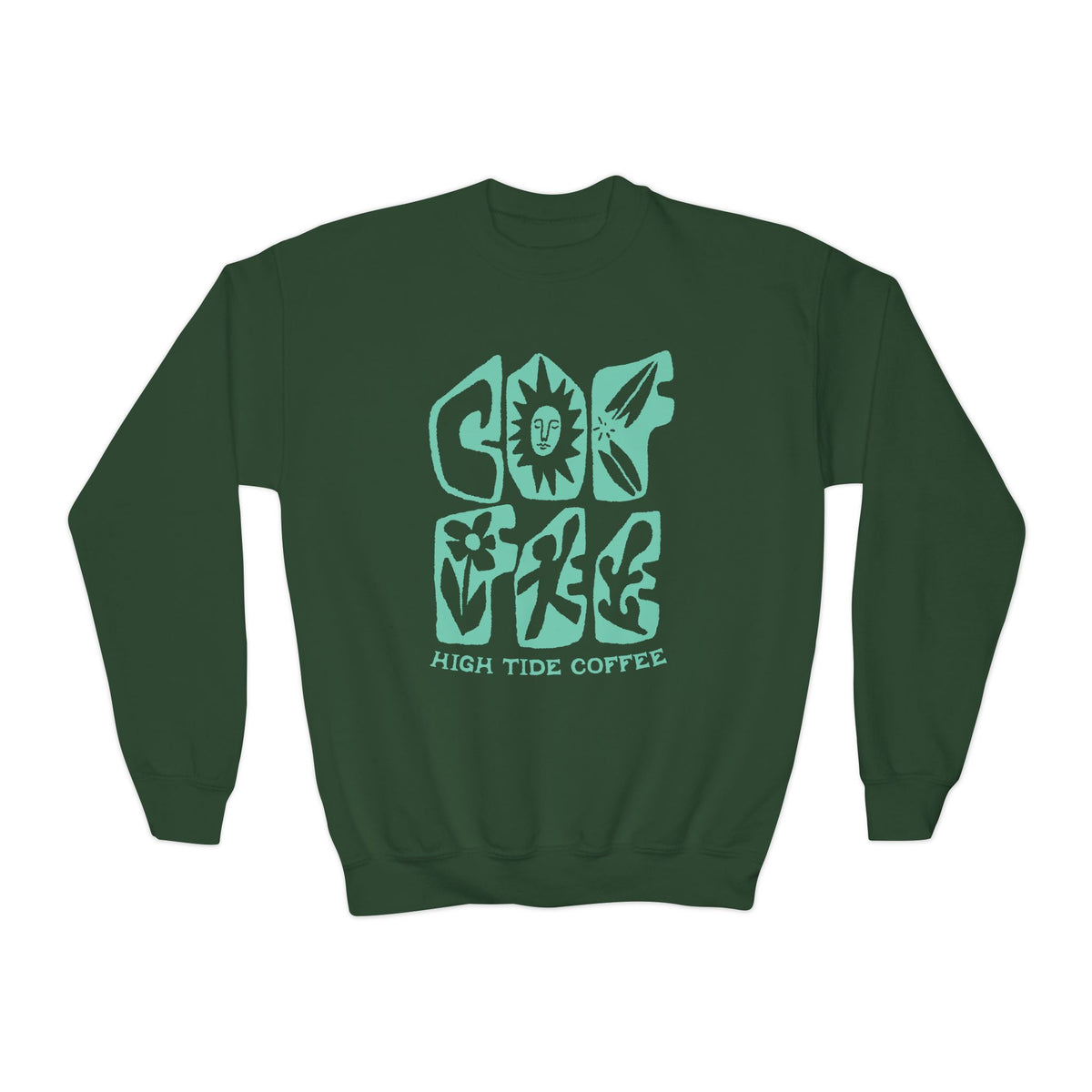 Youth Crewneck Sweatshirt – Good Vibes High Tide Coffee Beach Design