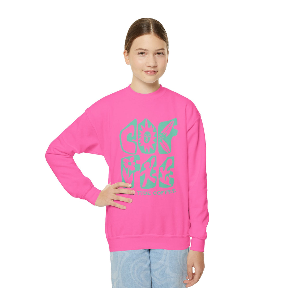 Youth Crewneck Sweatshirt – Good Vibes High Tide Coffee Beach Design