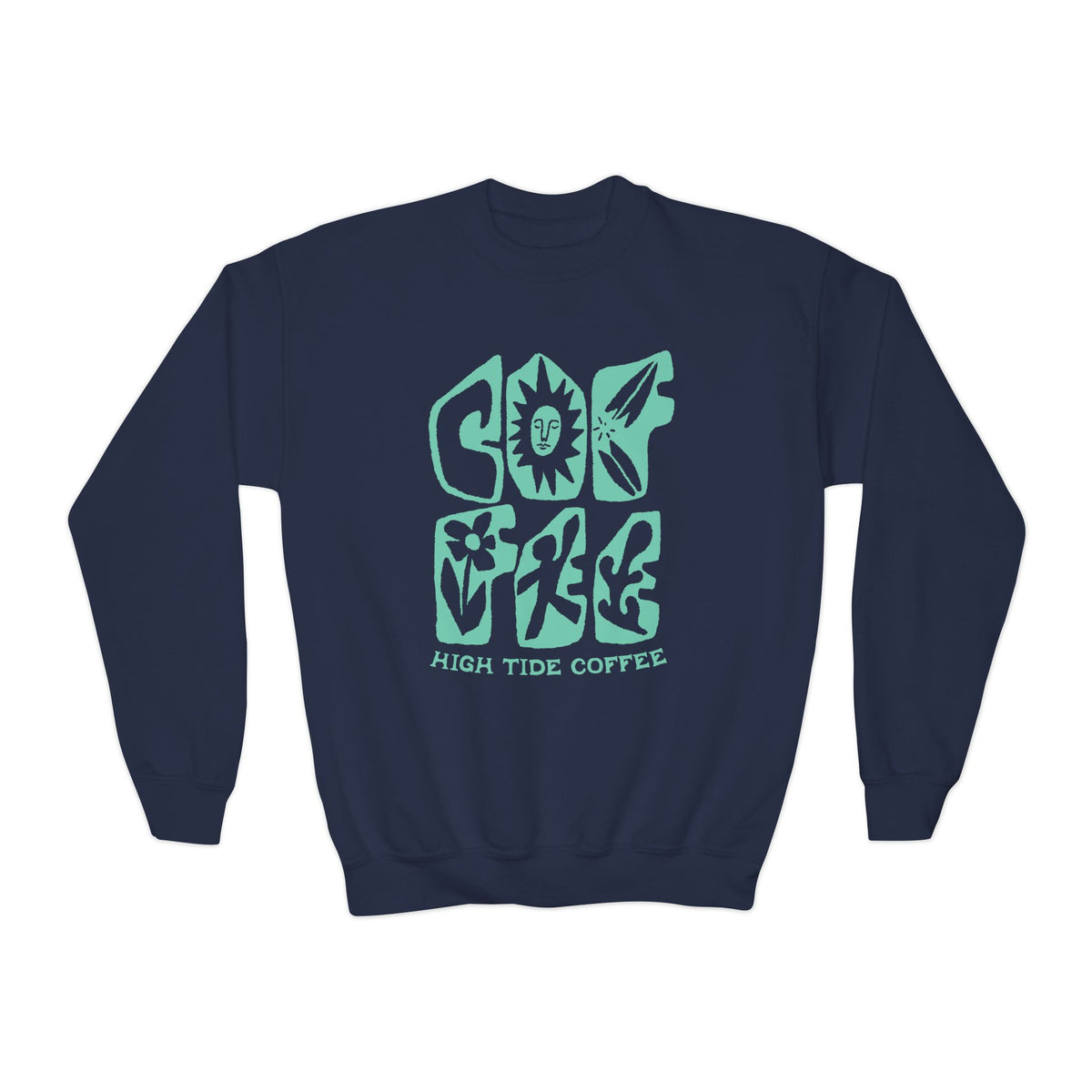 Youth Crewneck Sweatshirt – Good Vibes High Tide Coffee Beach Design