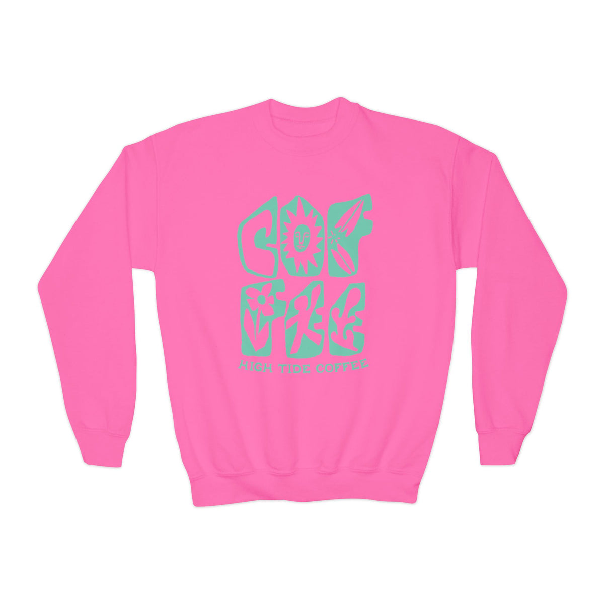 Youth Crewneck Sweatshirt – Good Vibes High Tide Coffee Beach Design