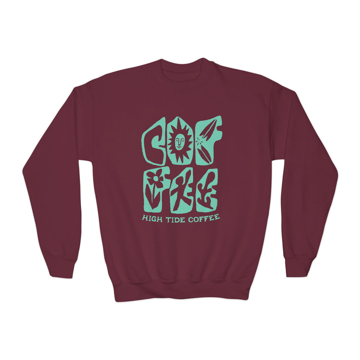 Youth Crewneck Sweatshirt – Good Vibes High Tide Coffee Beach Design