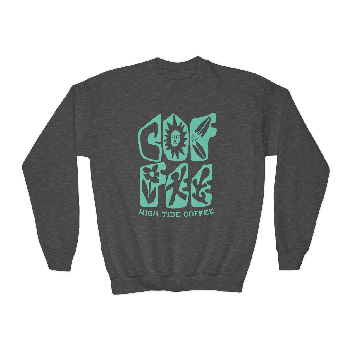 Youth Crewneck Sweatshirt – Good Vibes High Tide Coffee Beach Design