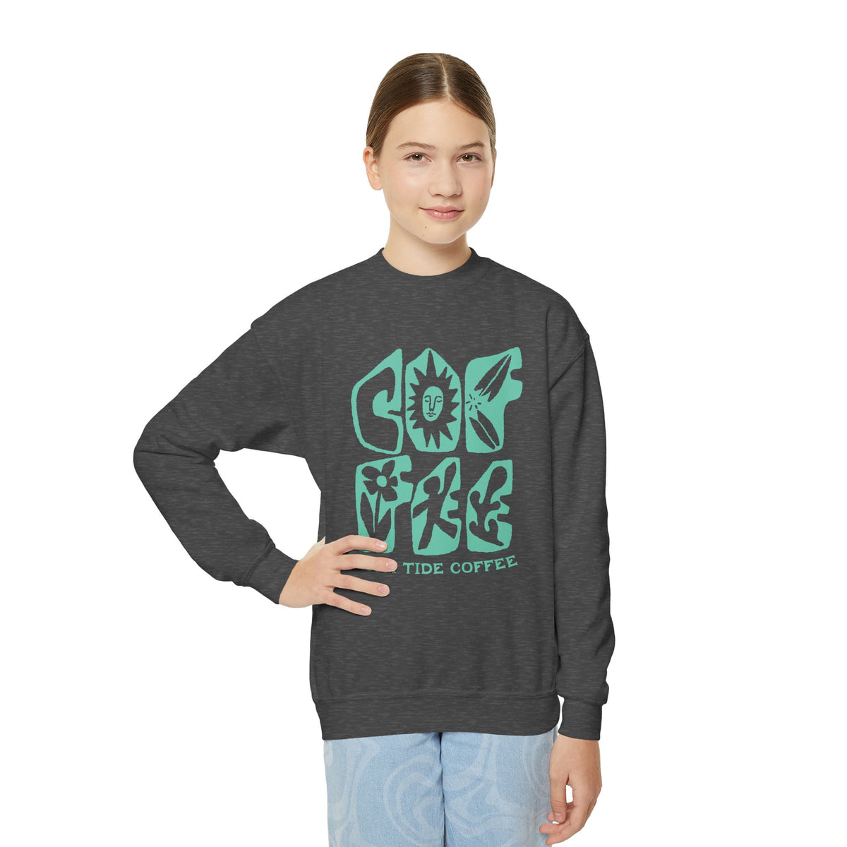 Youth Crewneck Sweatshirt – Good Vibes High Tide Coffee Beach Design