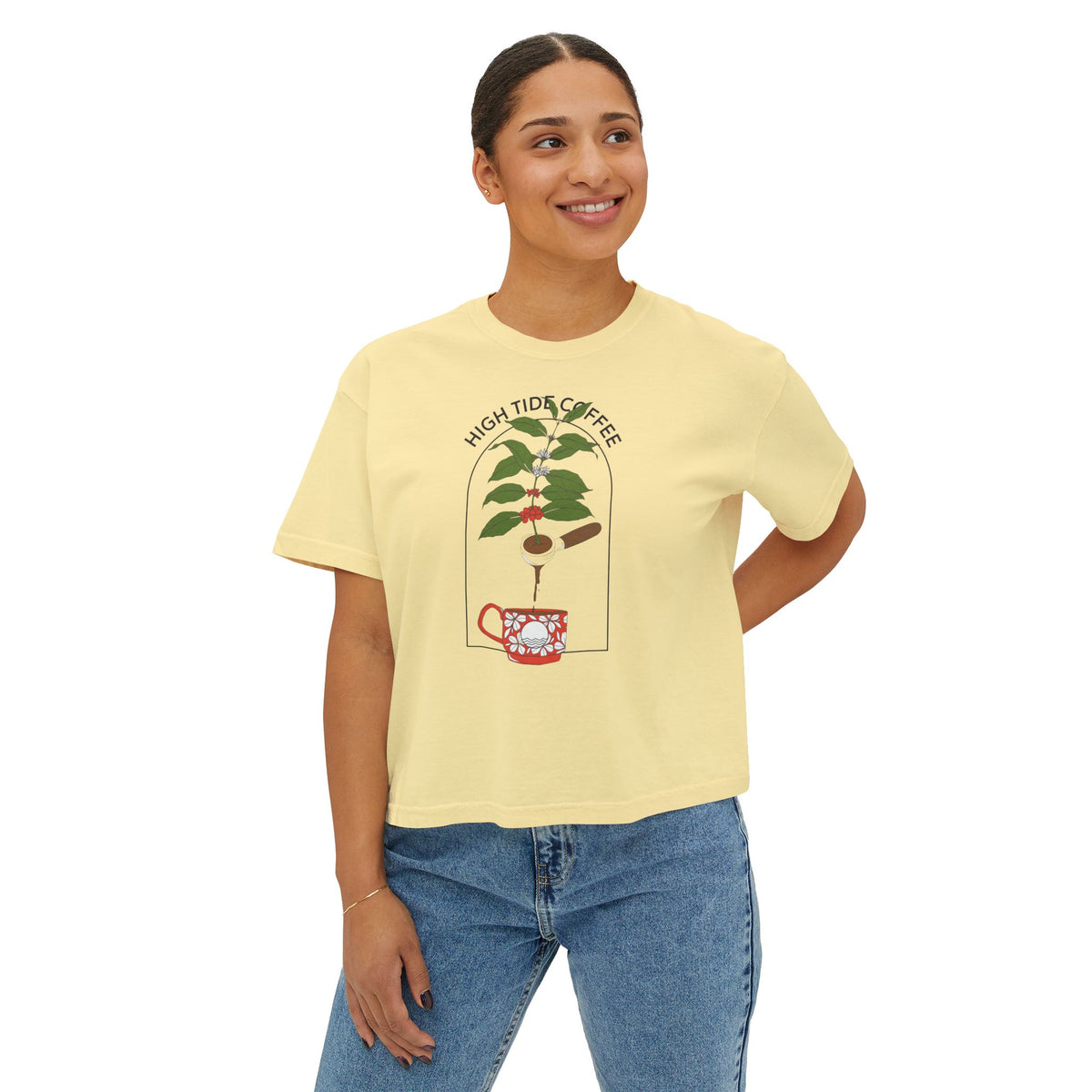 Boxy Tee — "High Tides & Coffee" Plant & Mug Graphic