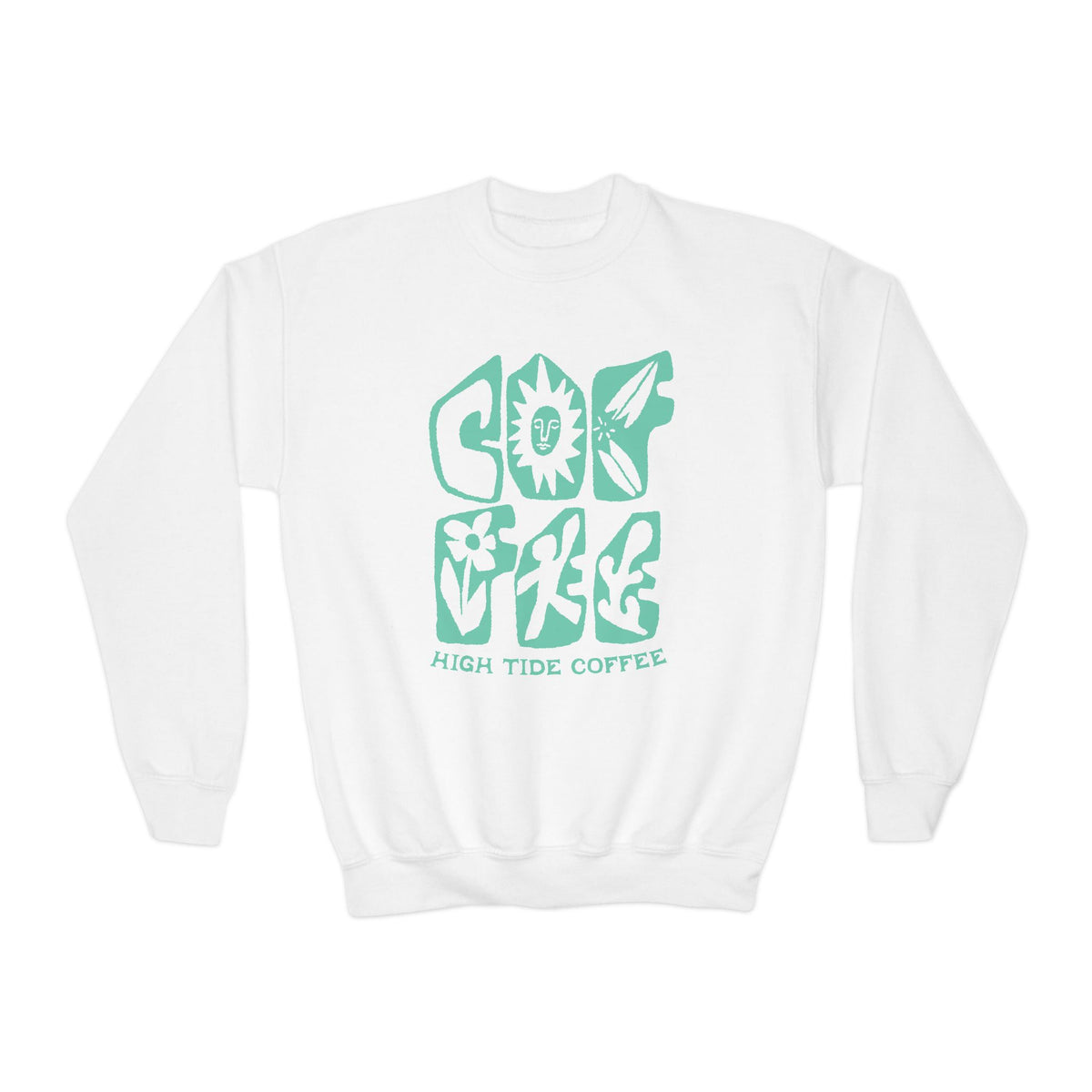 Youth Crewneck Sweatshirt – Good Vibes High Tide Coffee Beach Design